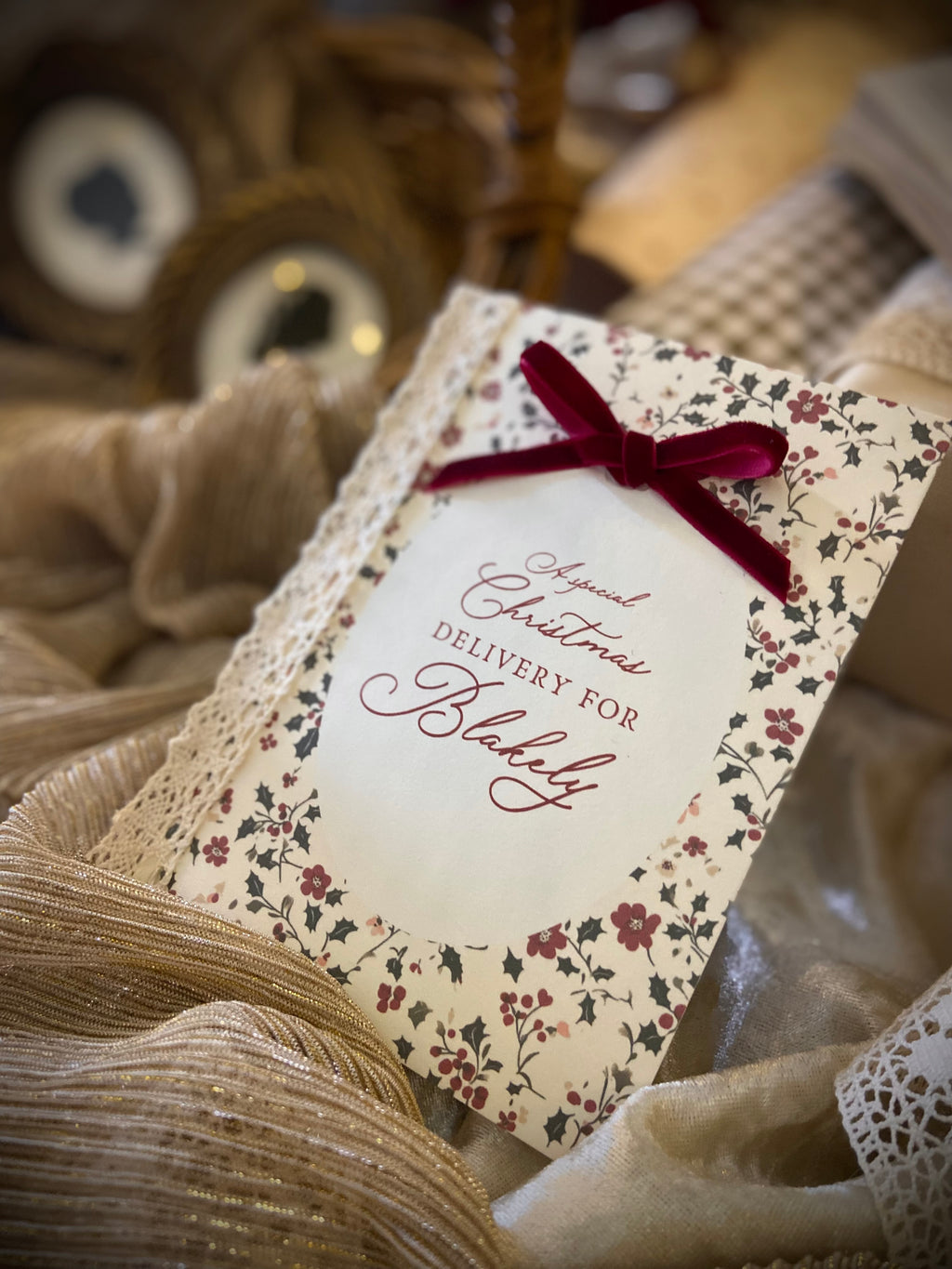 Personalised Christmas Card with Lace and Velvet Ribbon