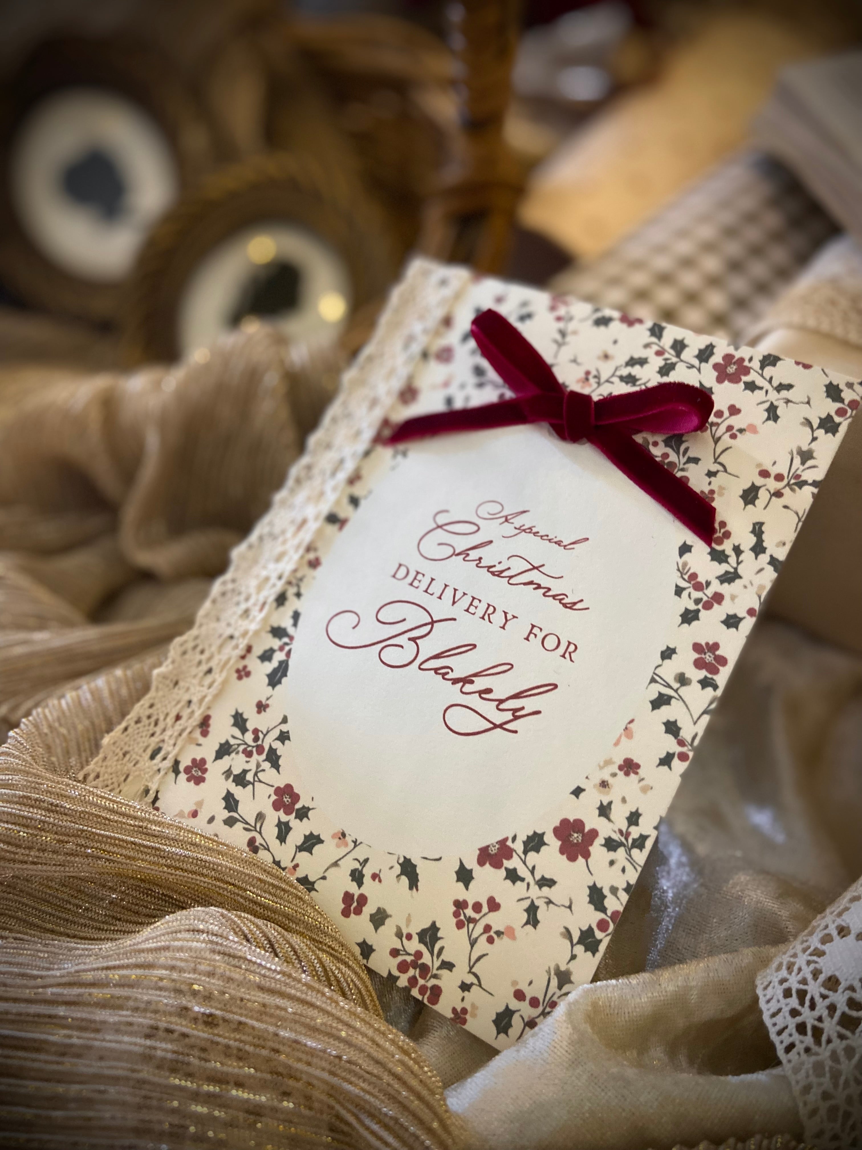 Personalised Christmas Card with Lace and Velvet Ribbon