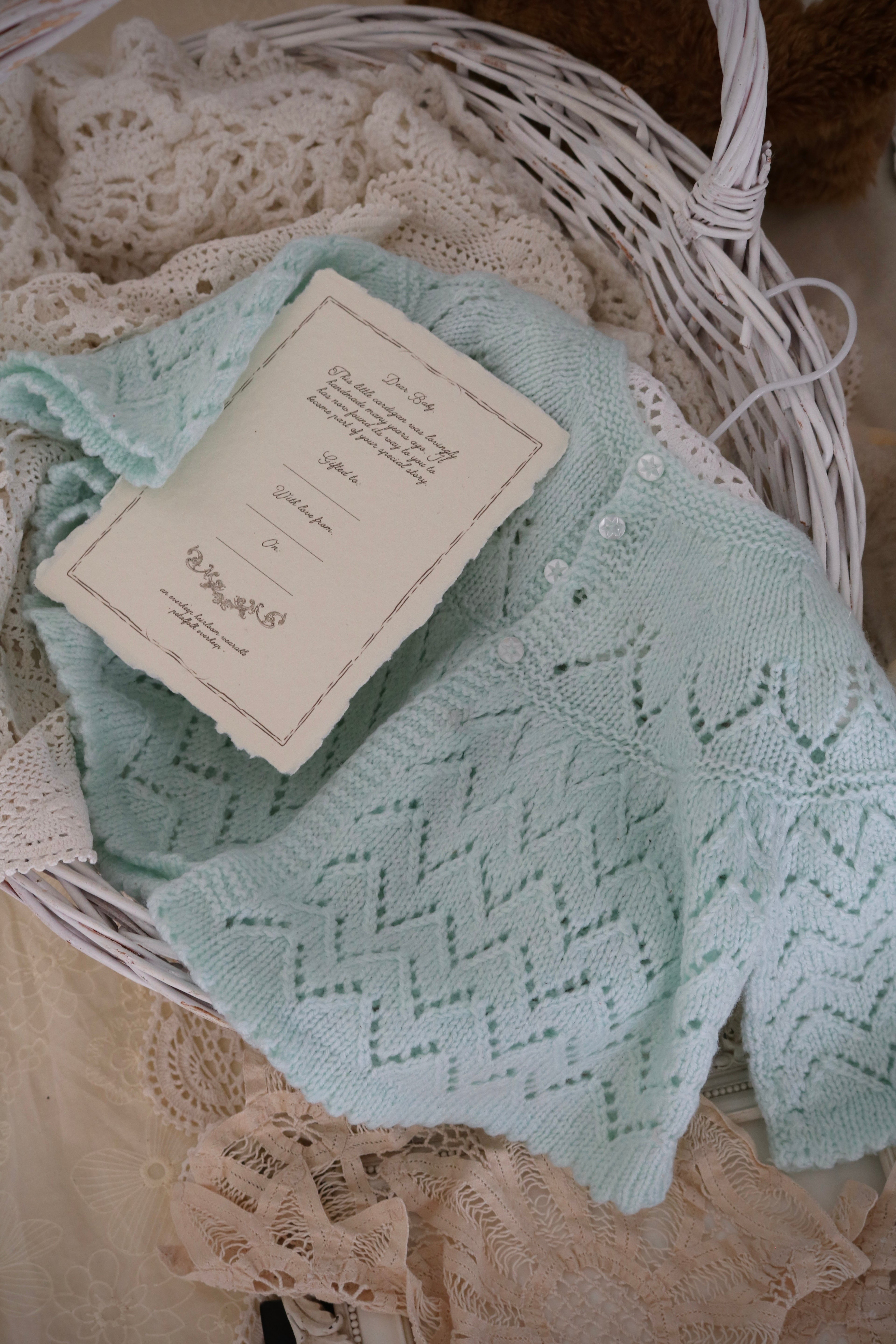 Vintage Handmade Baby Cardigan with Illustrated Keepsake Card | Blue
