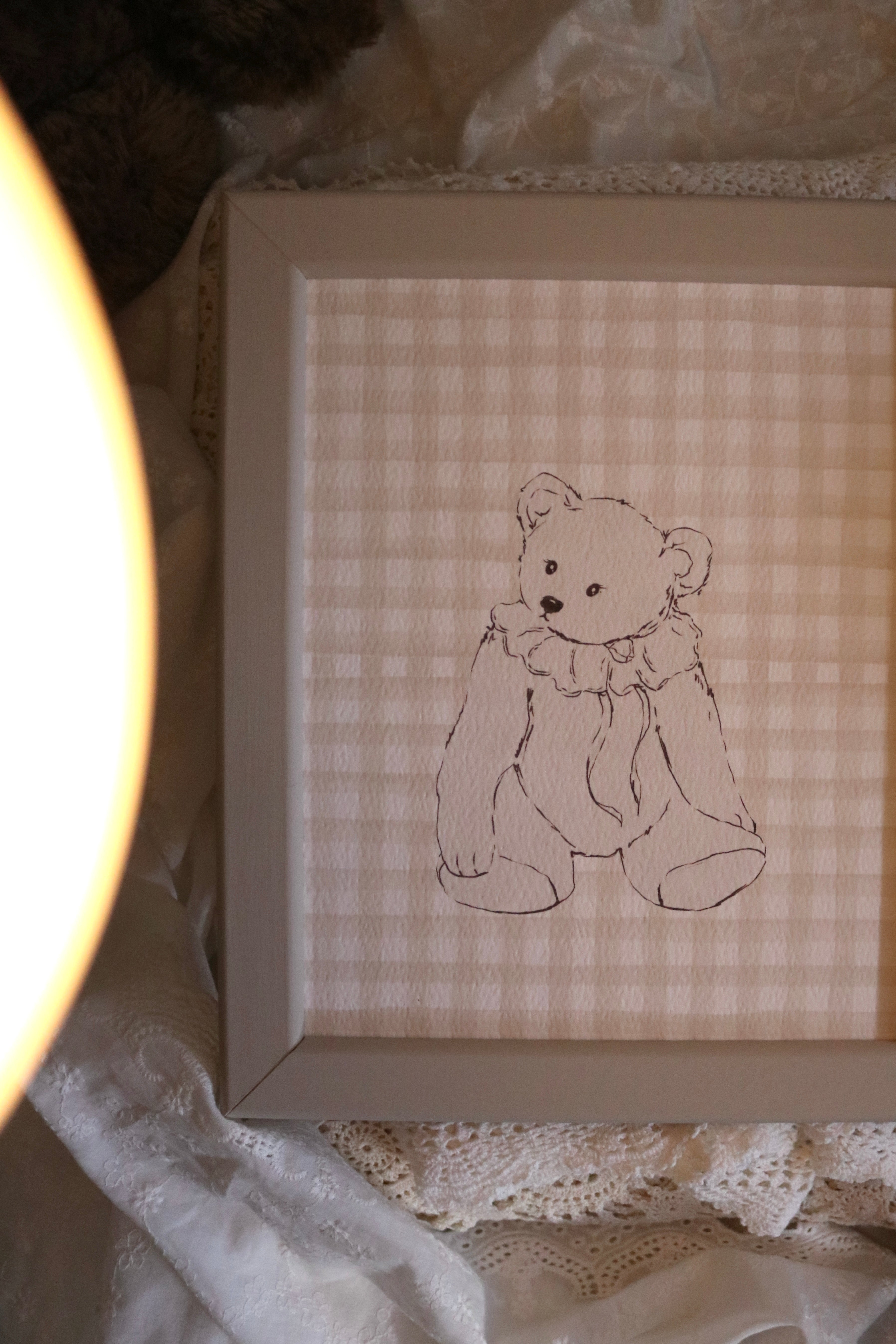 Nursery Teddy with Gingham | Framed