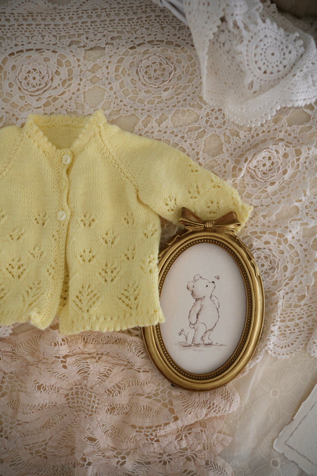 Vintage Handmade Baby Cardigan with Illustrated Keepsake Card | Yellow
