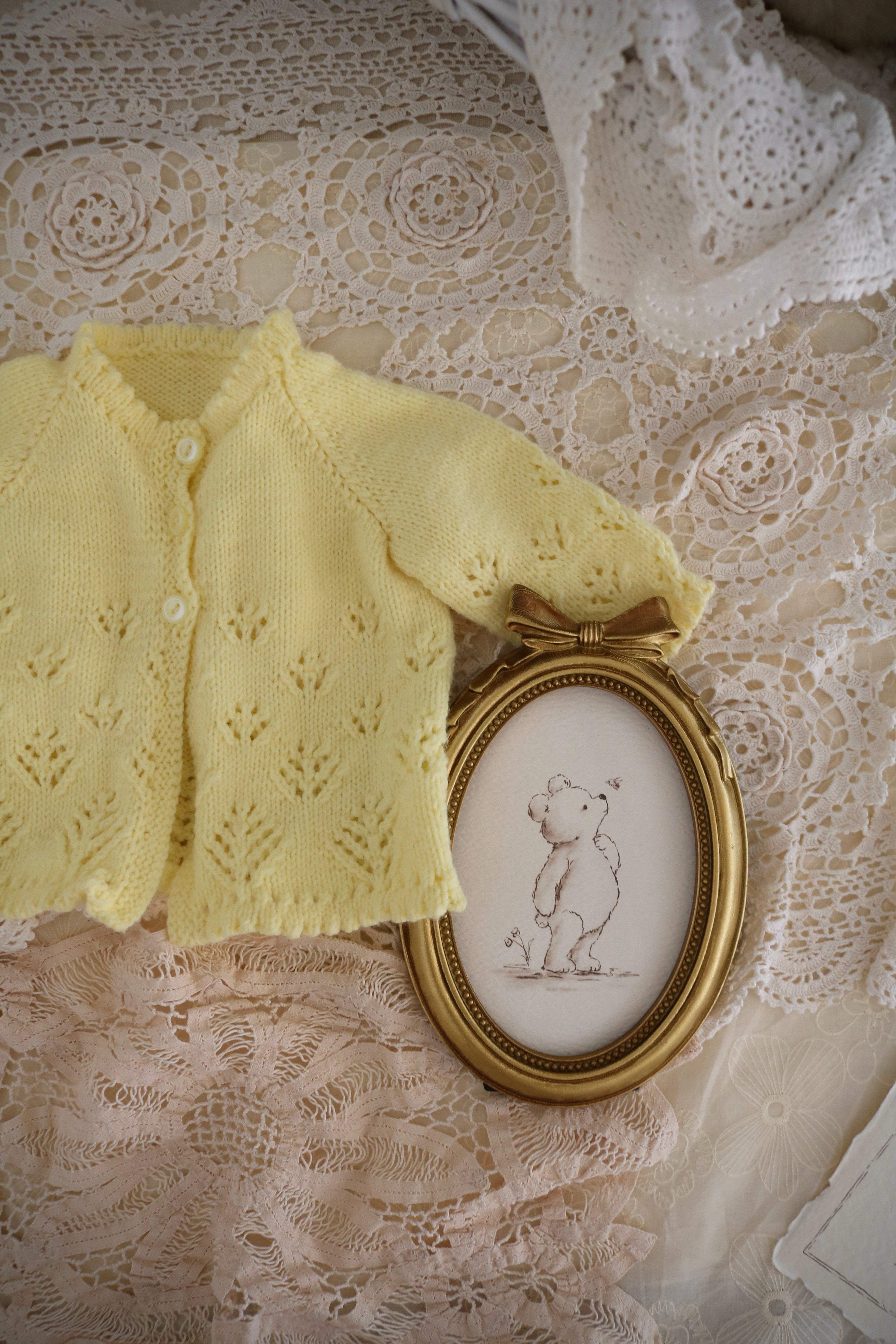 Vintage Handmade Baby Cardigan with Illustrated Keepsake Card | Yellow