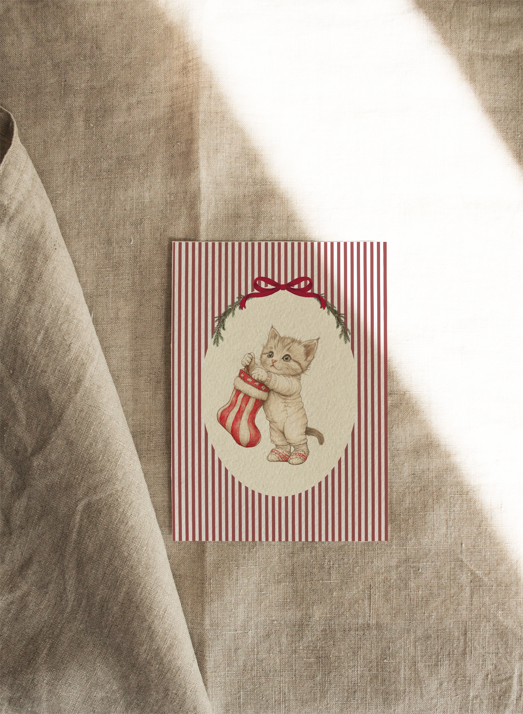 Winston Kitten w Red Stripes | Available as Christmas Card or Print