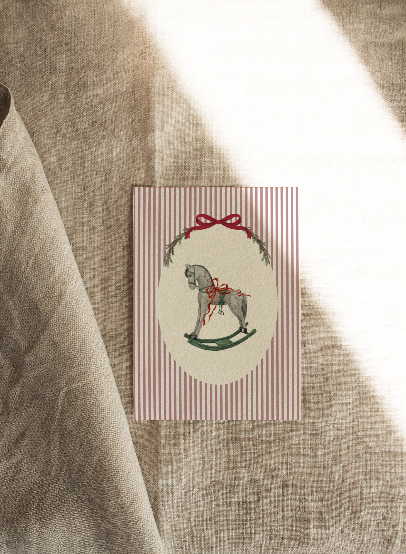 Rocking Horse with Red Stripes | Available as Christmas Card or Print