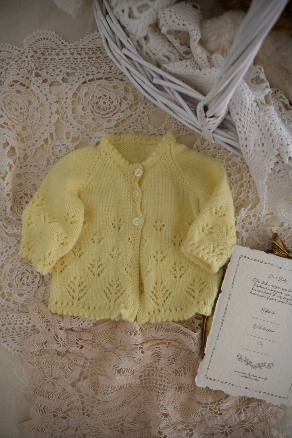 Vintage Handmade Baby Cardigan with Illustrated Keepsake Card | Yellow