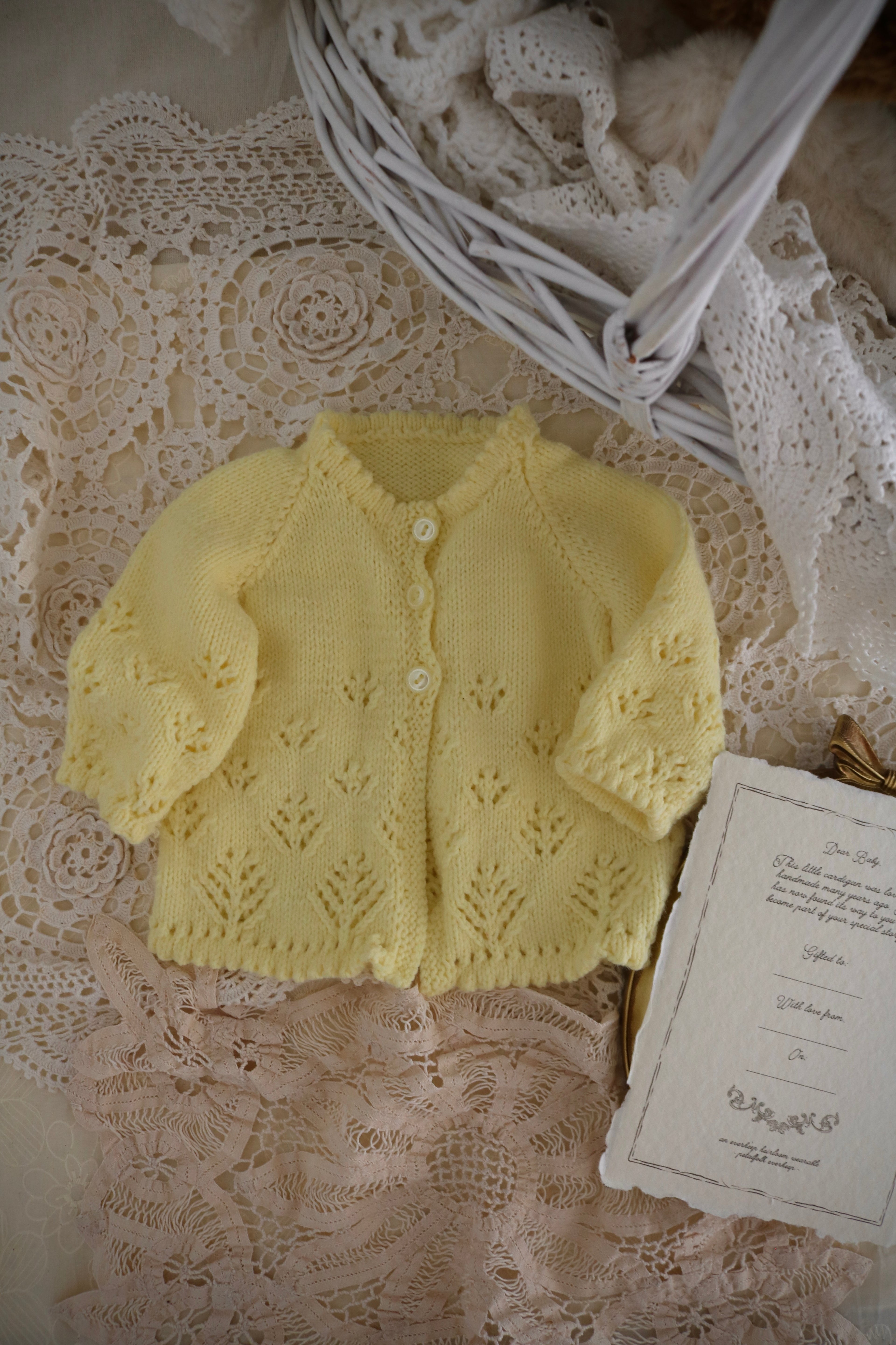 Vintage Handmade Baby Cardigan with Illustrated Keepsake Card | Yellow