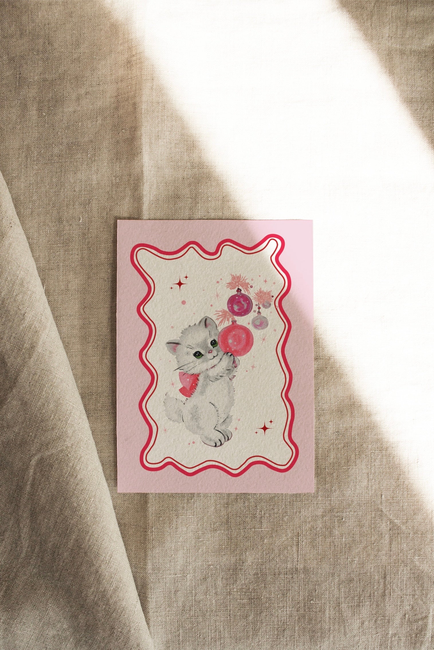 Pink Retro Kitten | Available as Christmas Card or Print