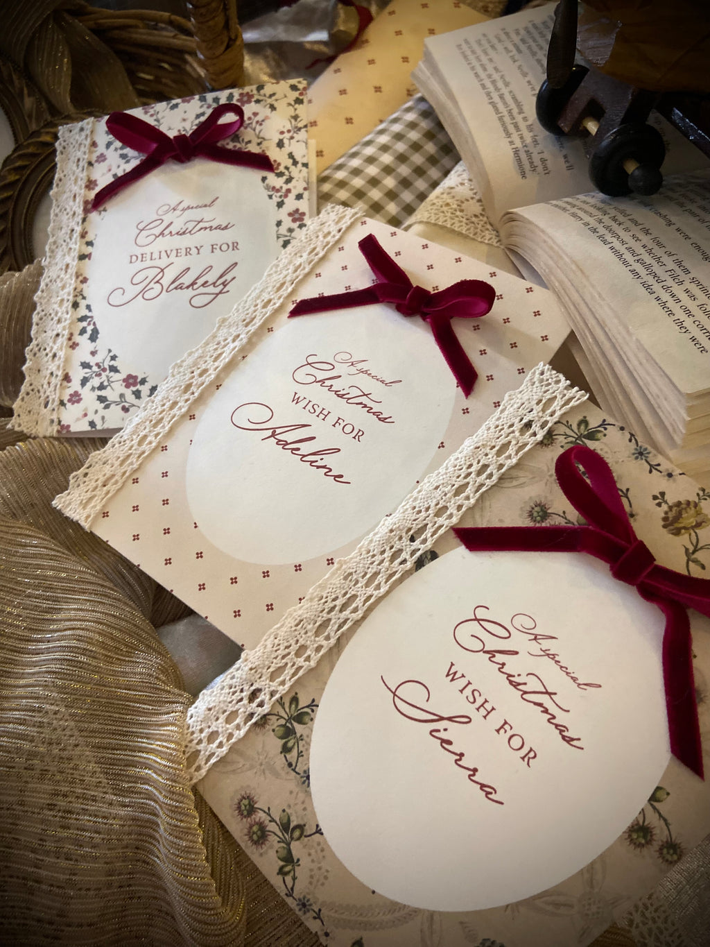 Personalised Christmas Card with Lace and Velvet Ribbon