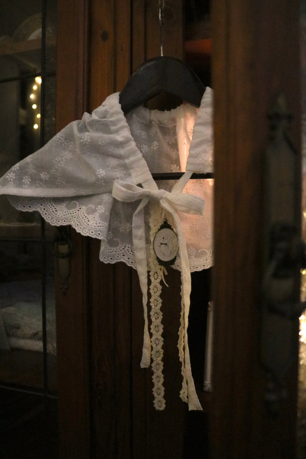 Embroidered Cotton Capelet with Swan Brooch