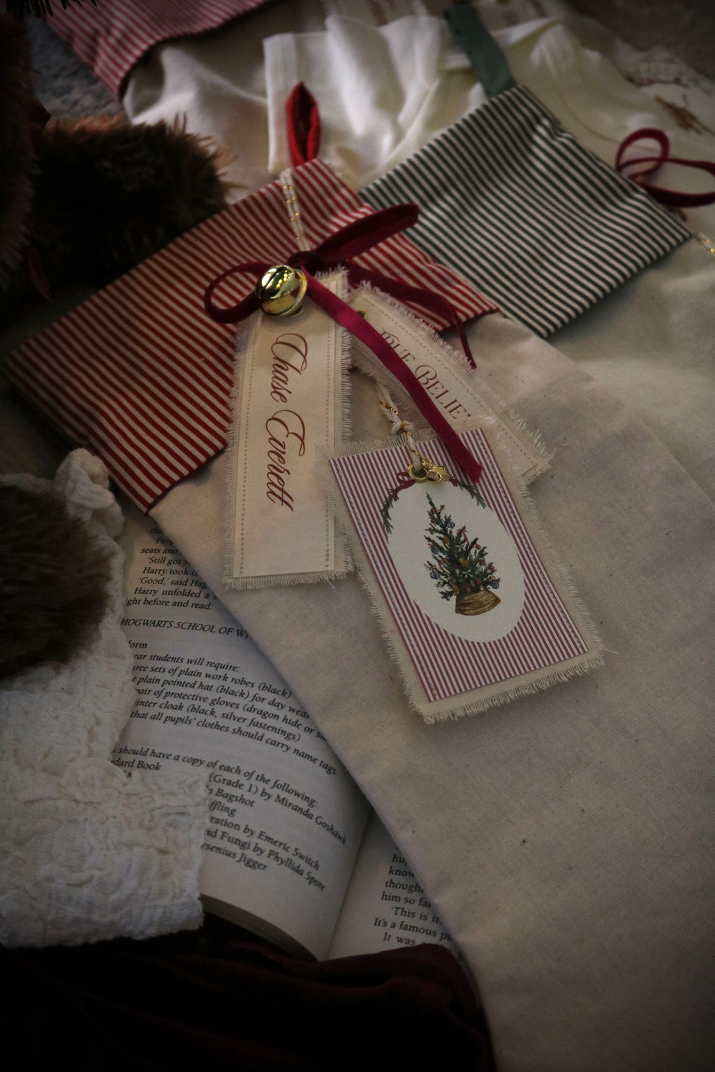 Christmas Stocking with Personalised Name & Illustration Tags