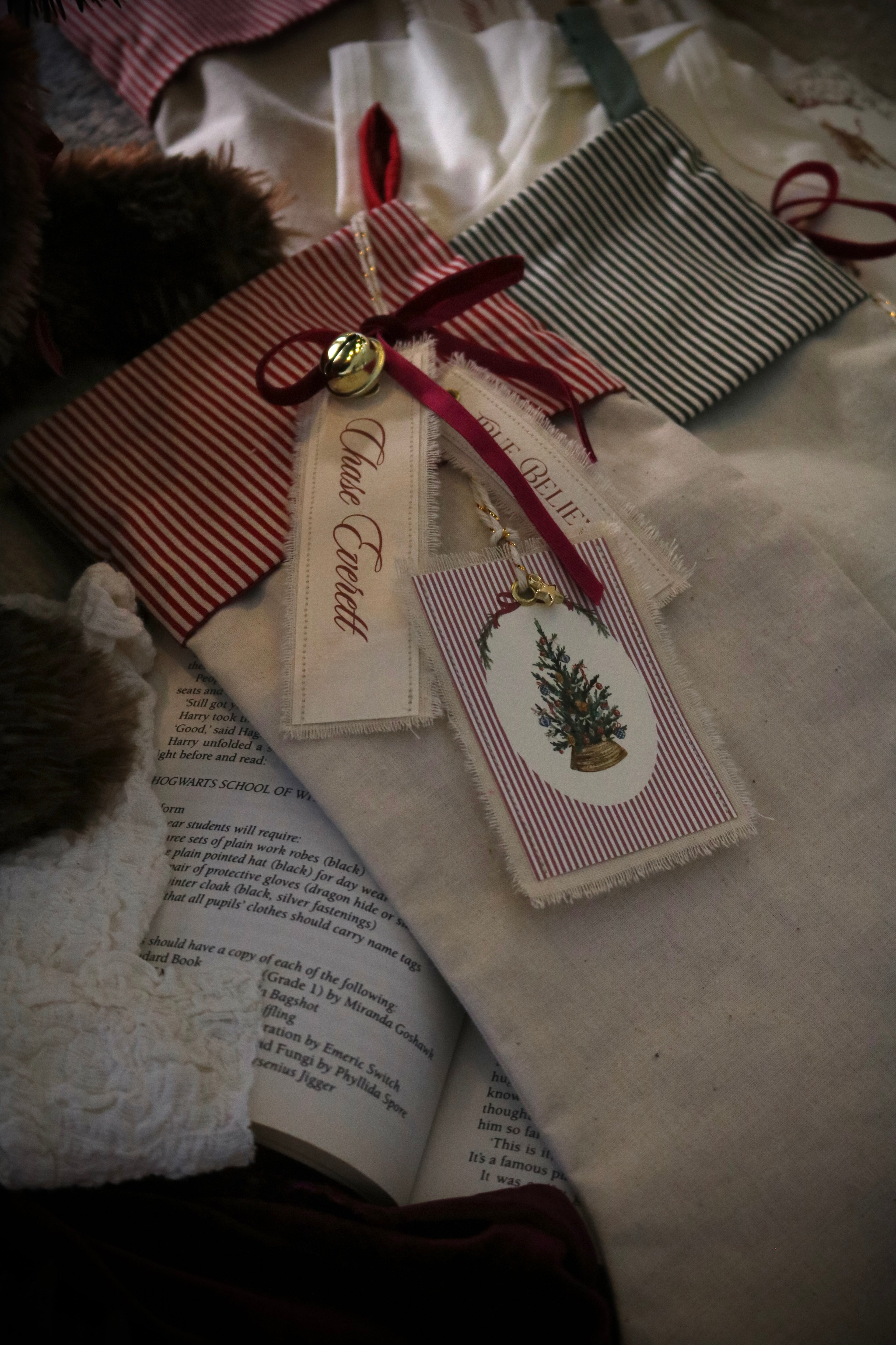 Christmas Stocking with Personalised Name & Illustration Tags