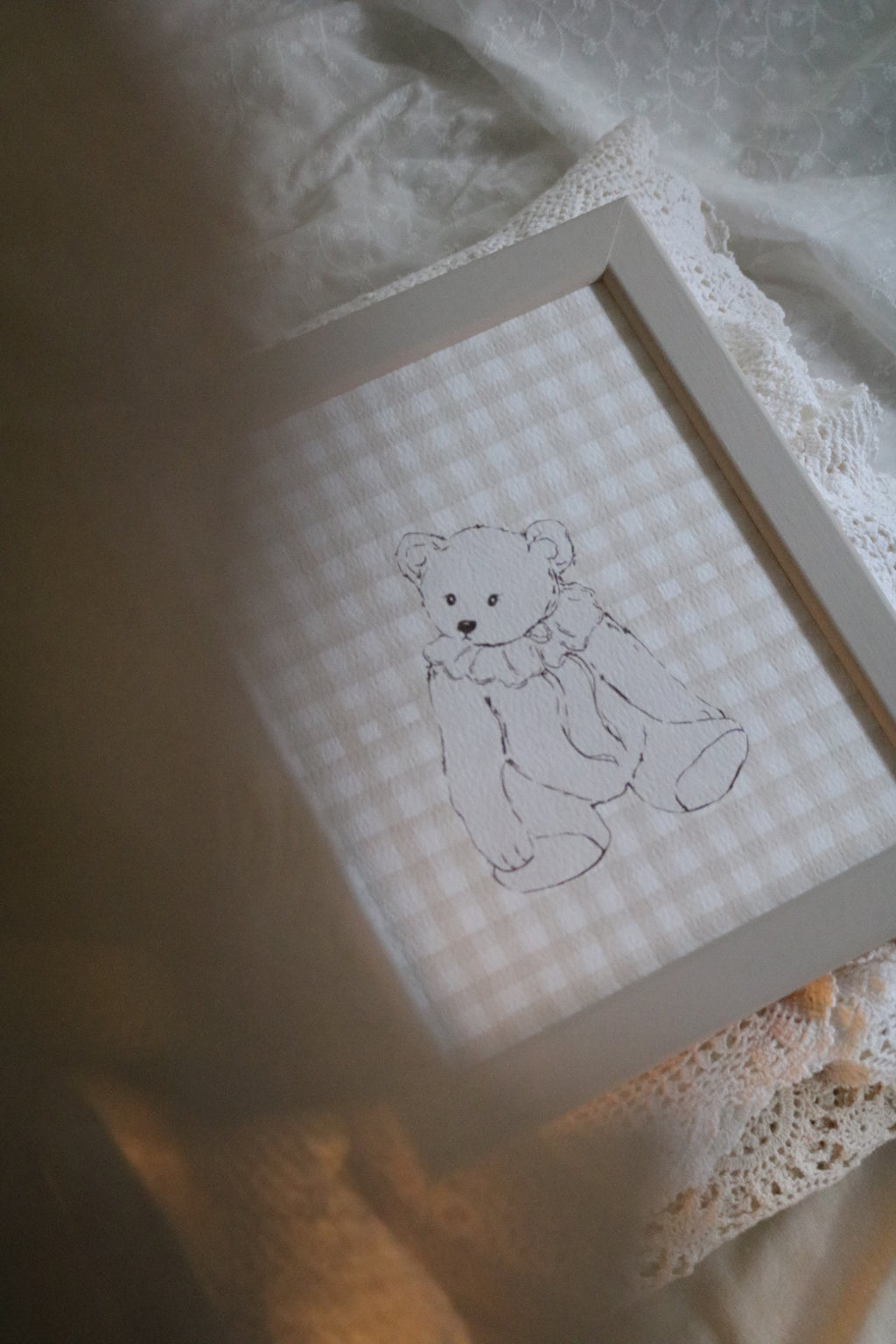 Nursery Teddy with Gingham | Framed
