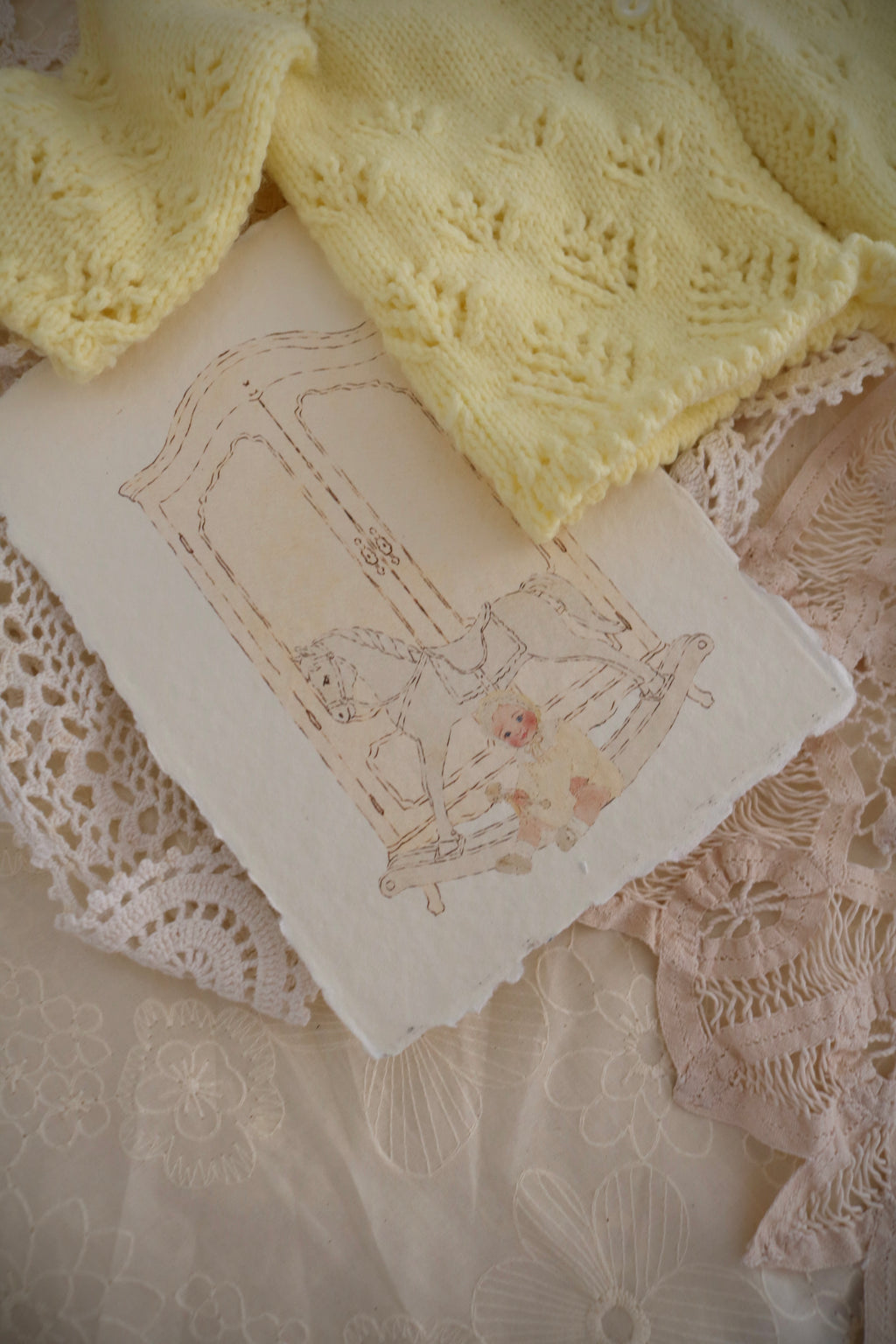 Vintage Handmade Baby Cardigan with Illustrated Keepsake Card | Yellow