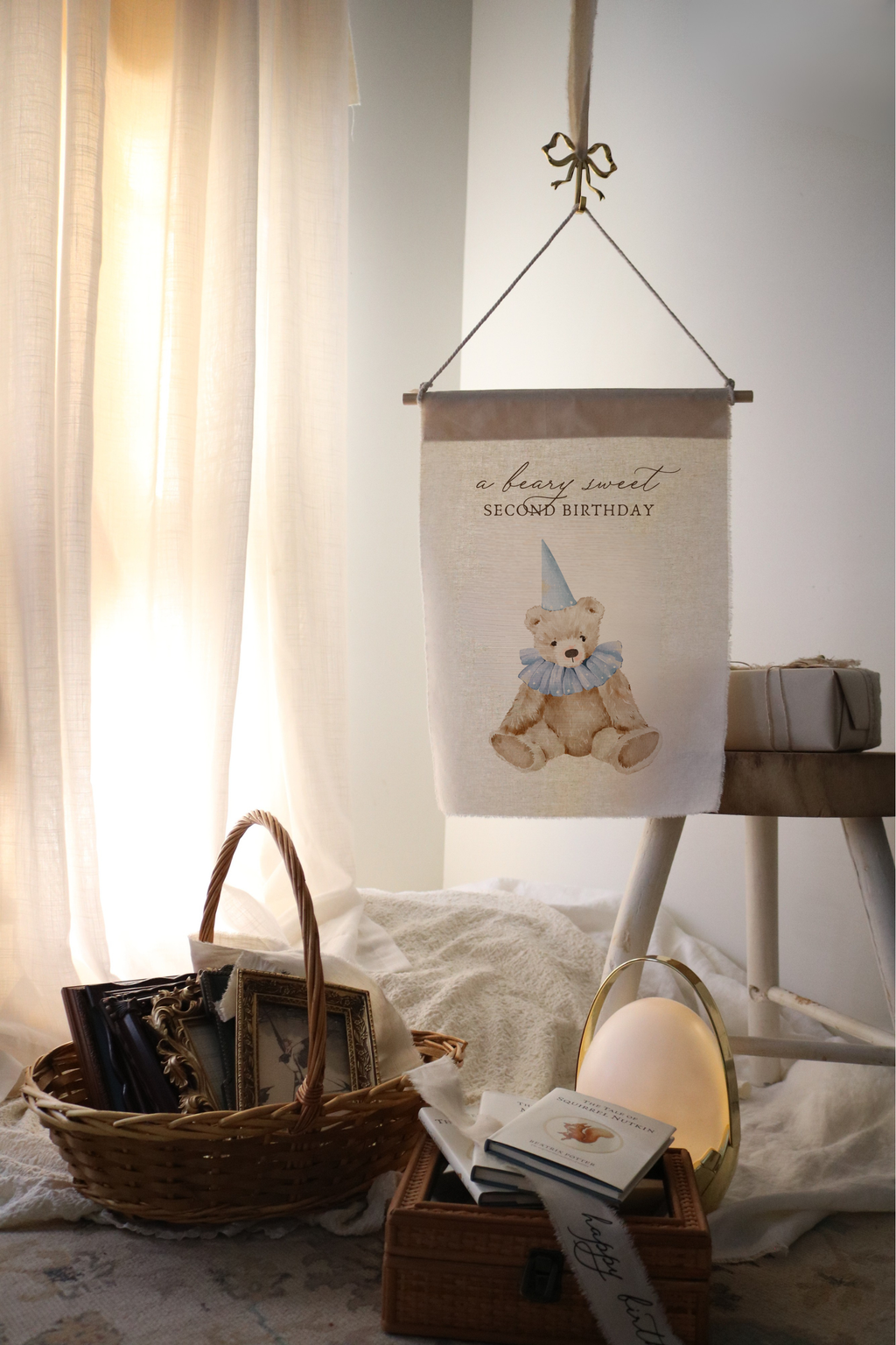Small Birthday Banner w Wooden Rod | 35cm x 45cm | Multiple Design + Fabric Options