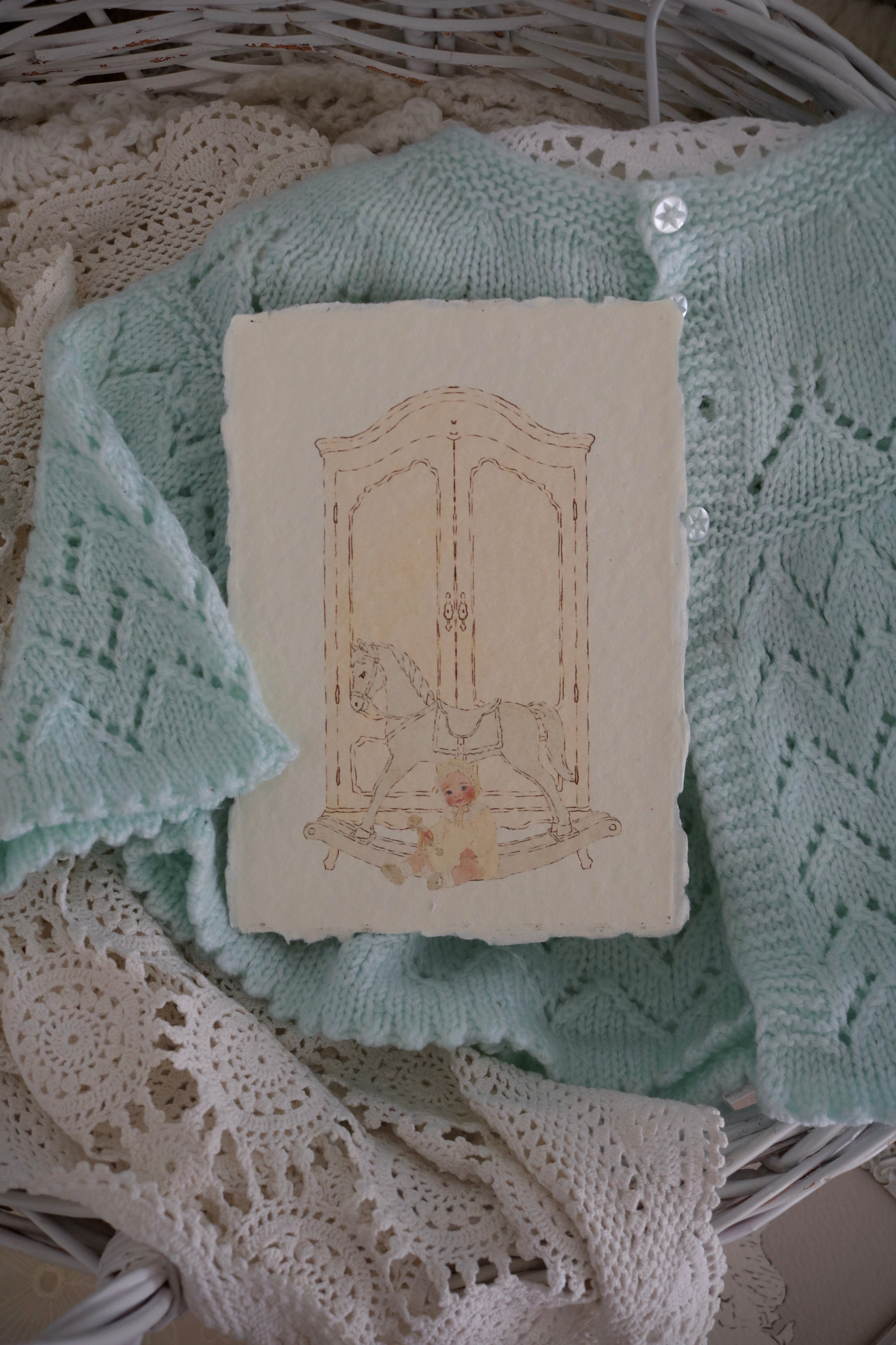 Vintage Handmade Baby Cardigan with Illustrated Keepsake Card | Blue