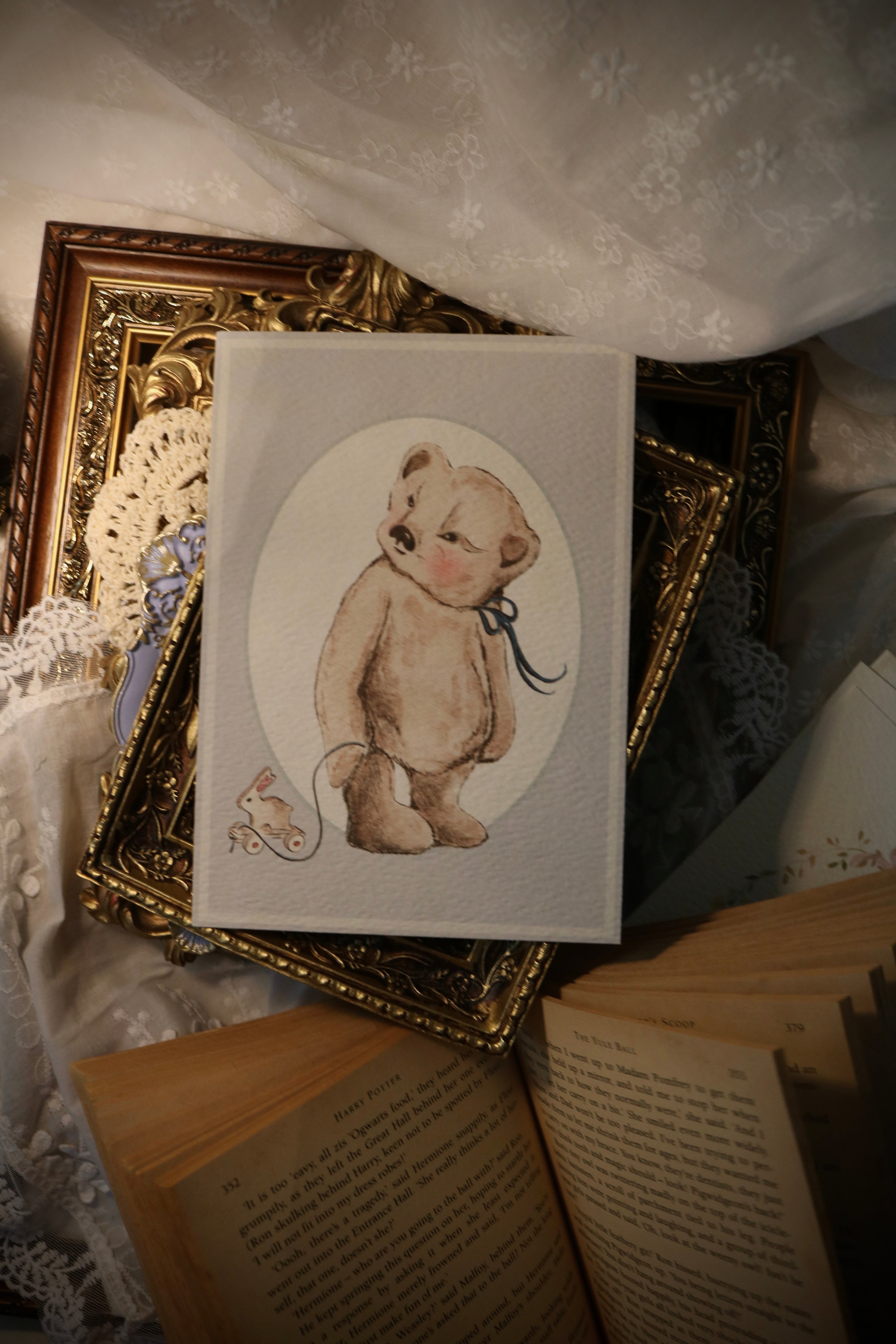 Dulci Bear and Her Wooden Bunny Toy | Art Print or Greeting Card