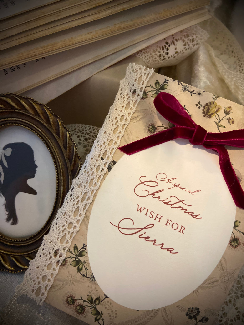 Personalised Christmas Card with Lace and Velvet Ribbon