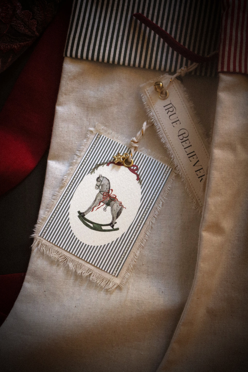 Christmas Stocking with Personalised Name & Illustration Tags