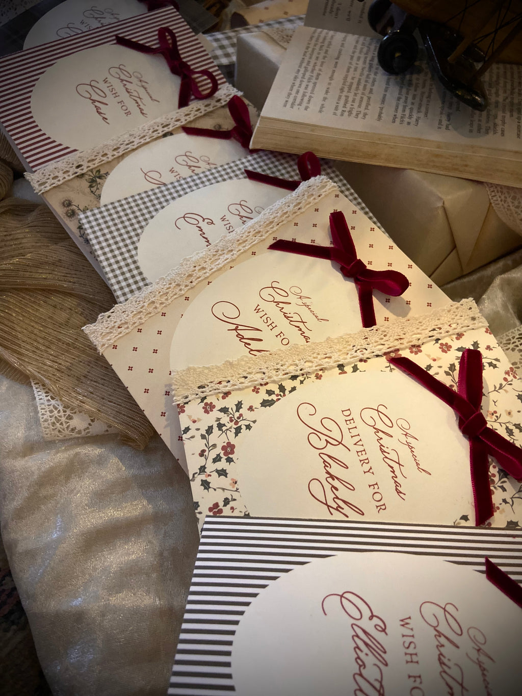 Personalised Christmas Card with Lace and Velvet Ribbon