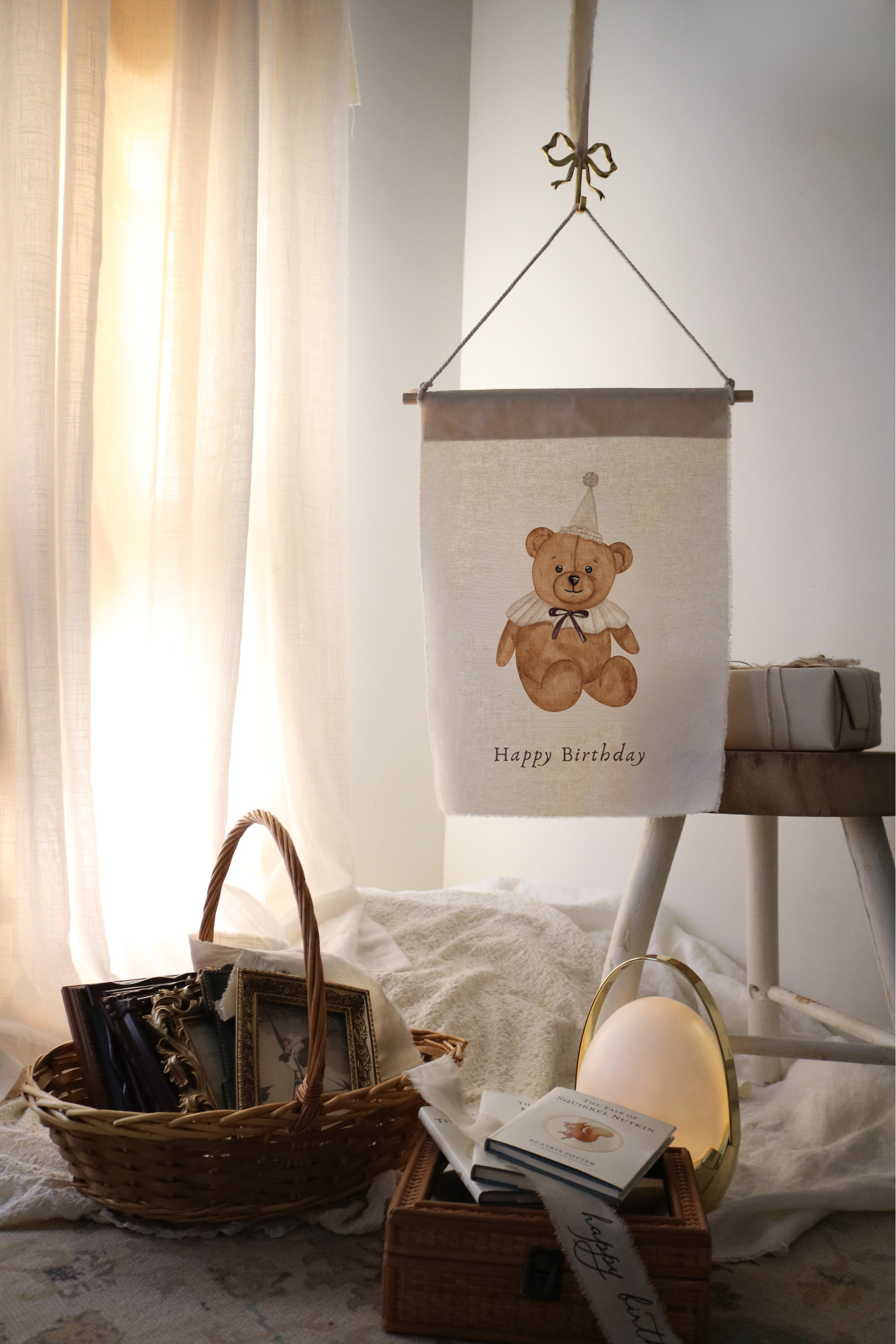 Small Birthday Banner w Wooden Rod | 35cm x 45cm | Multiple Design + Fabric Options