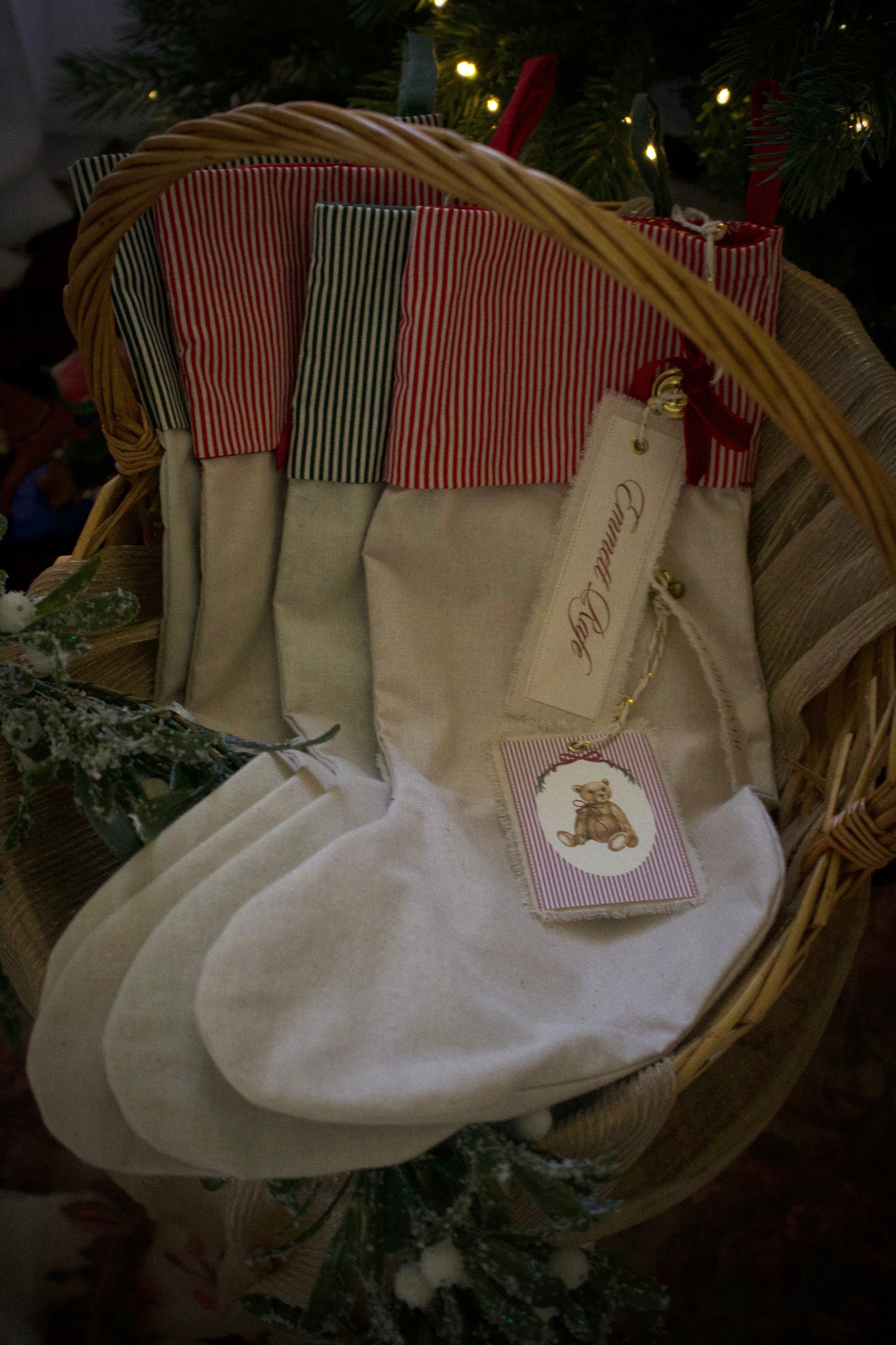 Christmas Stocking with Personalised Name & Illustration Tags