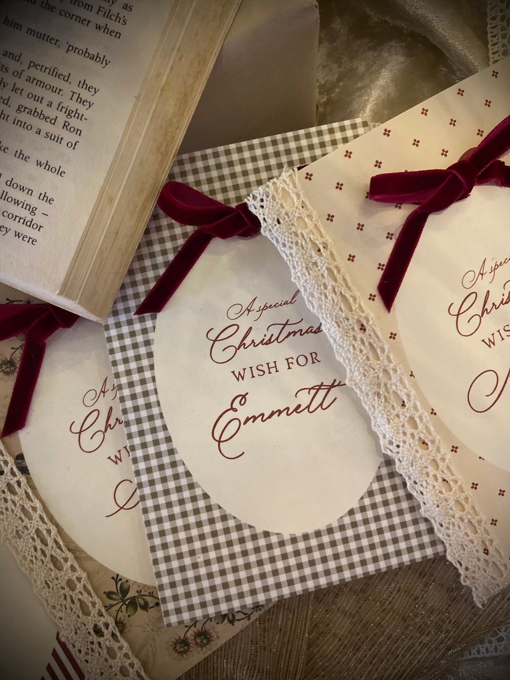 Personalised Christmas Card with Lace and Velvet Ribbon